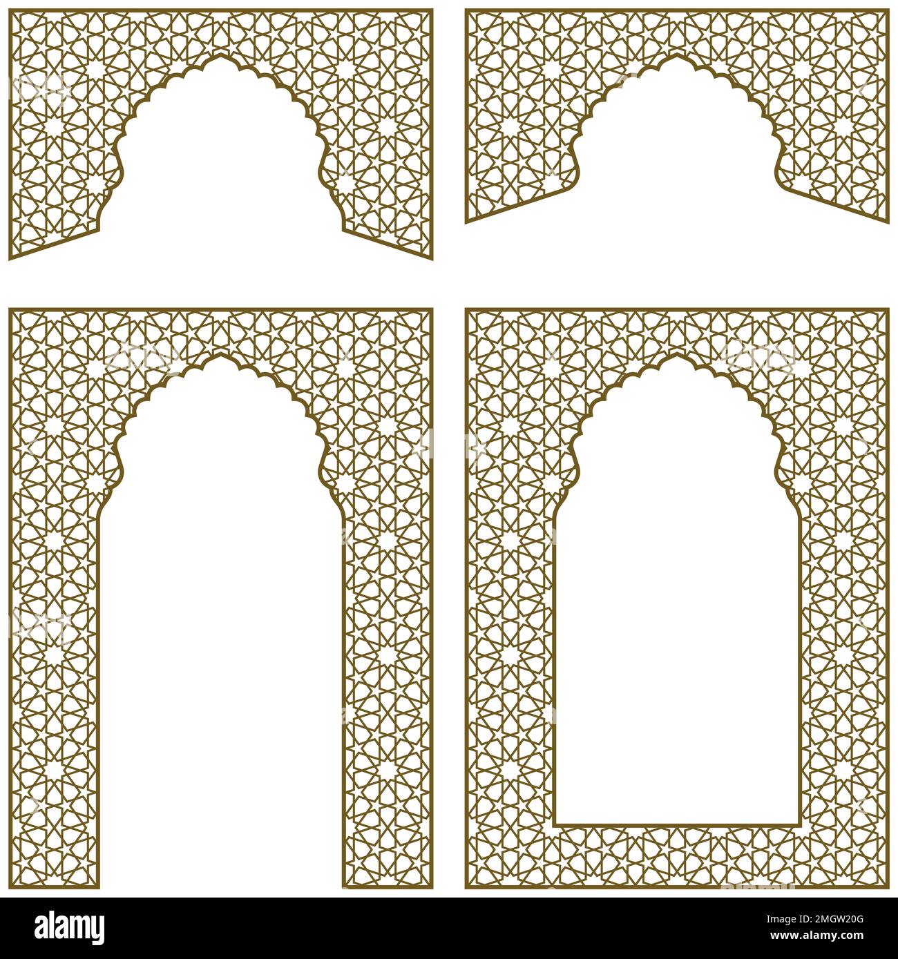 Arches, frames and additional design elements. Arabic geometric ornament.Brown color.Wide option Stock Vector