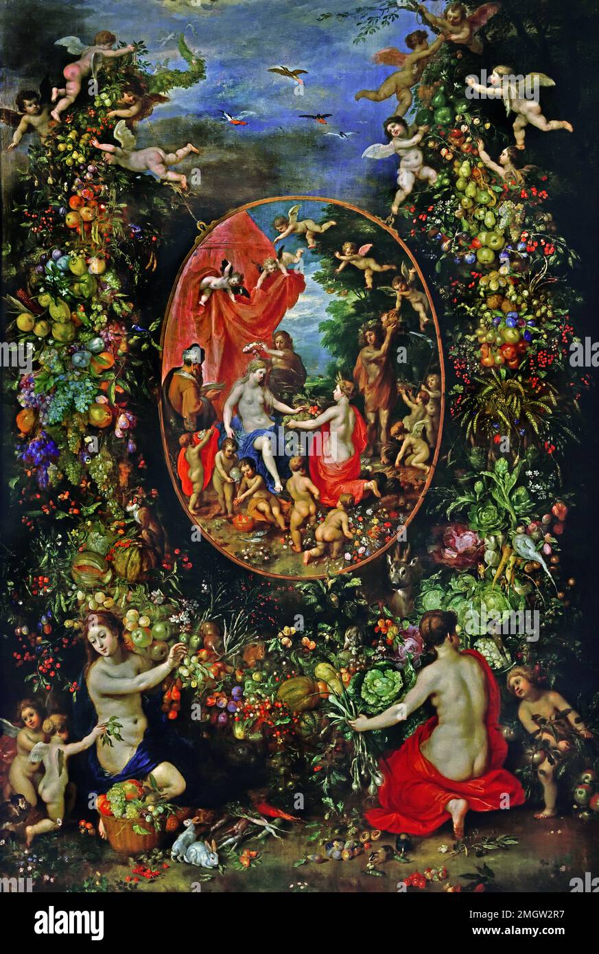 Jan Brueghel the Elder & Hendrik van Balen Garland of Fruit surrounding a Depiction of Cybele Receiving Gifts from Personifications of the Four Seasons c. 1620-1622  Belgian, Belgium, Flemish, Medallion depicts Cybele, Goddess, Earth and Nature, Around the medallion hangs a garland of flowers, vegetables and fruit , Tribute to the goddess , ode to plenty and fertility Stock Photo