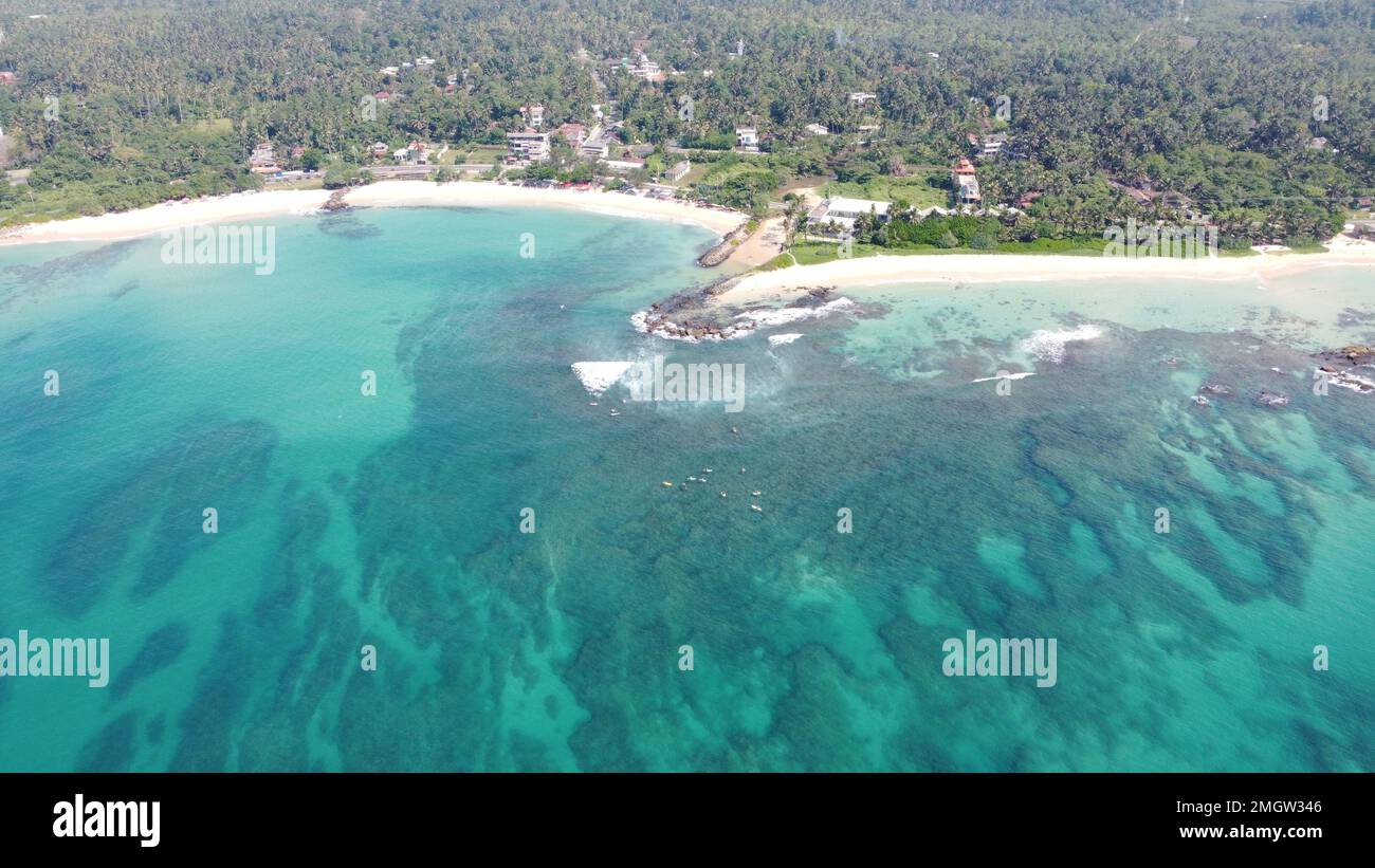 Sri Lanka Southern beaches captured by a drone. Clear sky with blue ...