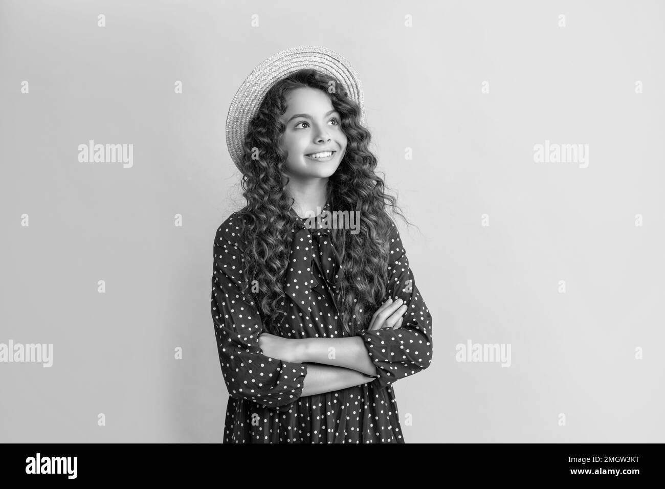 Happy girl long curly Black and White Stock Photos & Images - Alamy