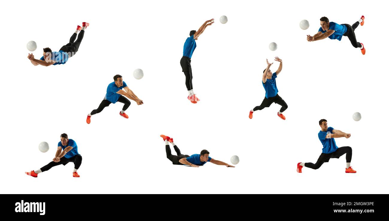 Collage. Dynamic studio shots of man, professional volleyball player in