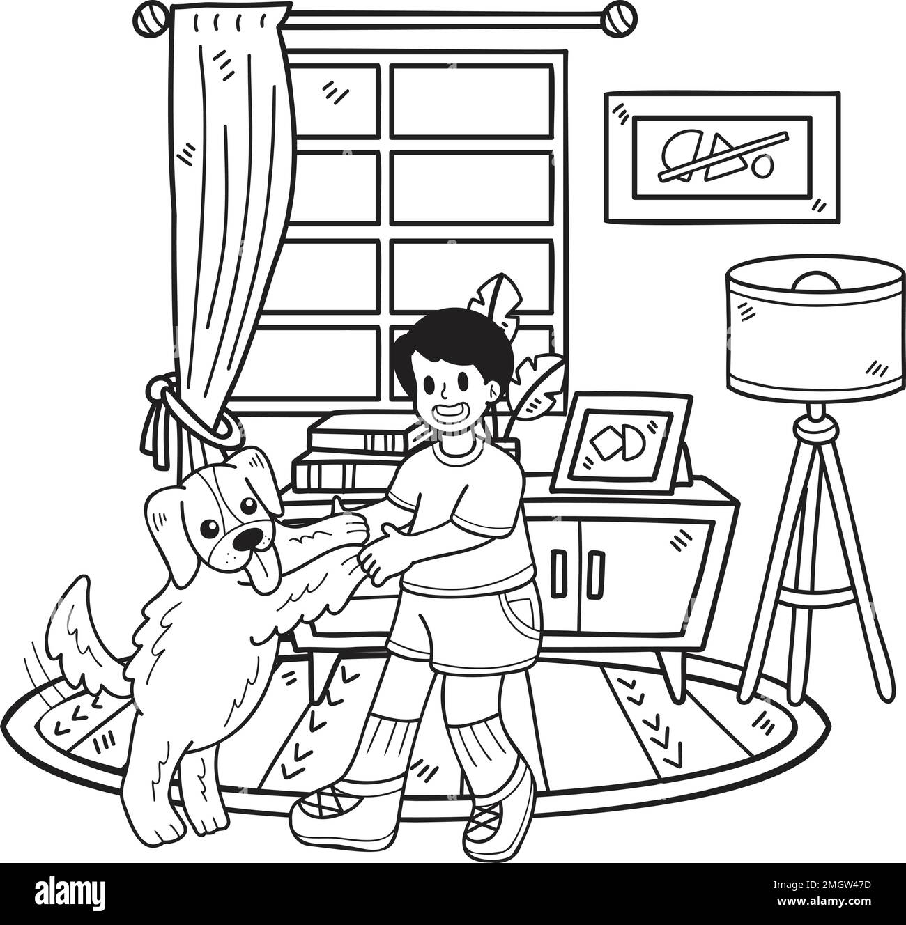 Hand Drawn The owner plays with the dog in the room illustration in