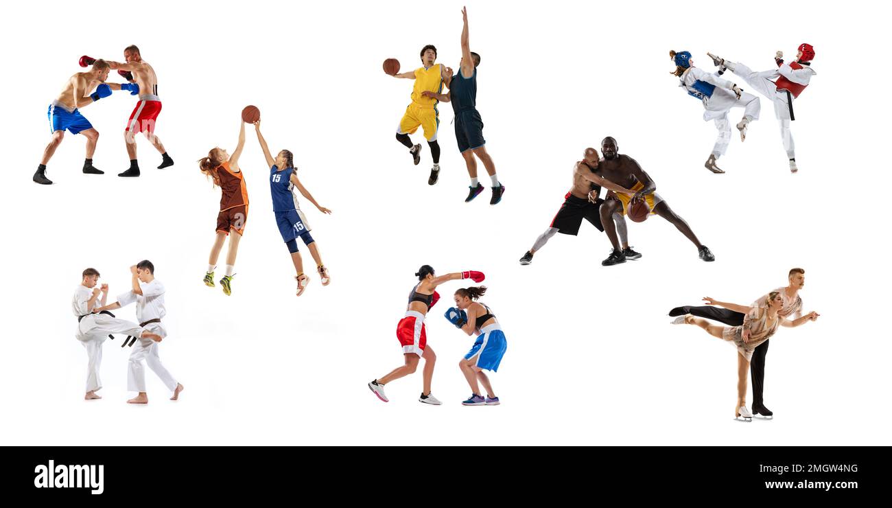 Collage. Pair sports. Dynamic studio shots of people training, doing