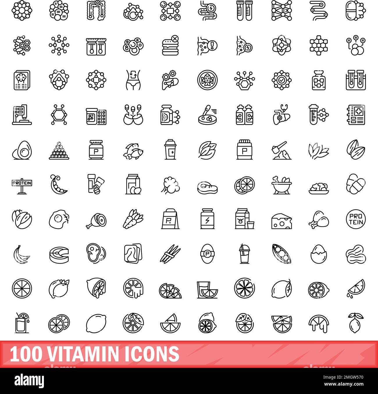 100 vitamin icons set. Outline illustration of 100 vitamin icons vector ...