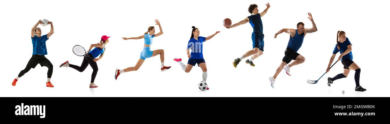Collage. Different people in motion, action training, doing various ...
