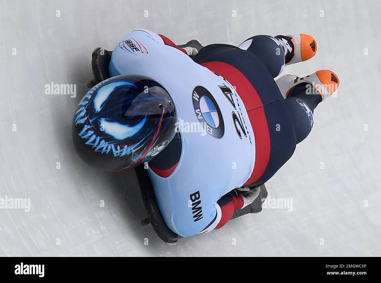 Austin Florian of the United States competes during the men Skeleton competition at the Bobsleigh and Skeleton World Championships in Altenberg, eastern Germany, Thursday, Feb