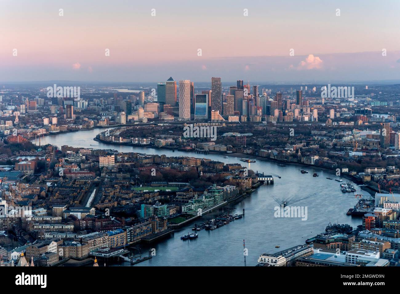 A View Of The River Thames and Canary Wharf at Sunset from The Shard, London, UK. Stock Photo