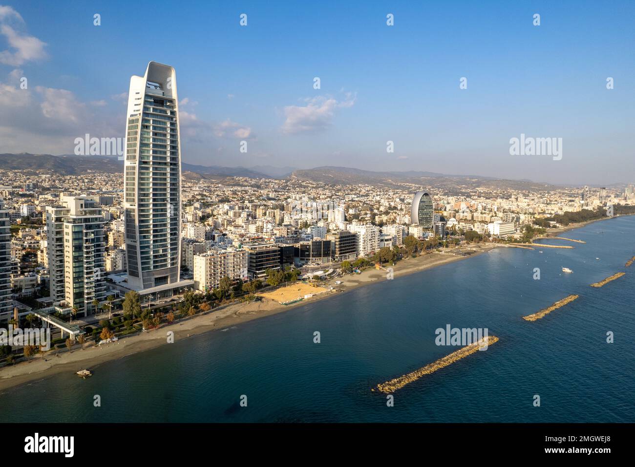 Drone aerial scenery of coastal area of Limassol city in Cyprus Europe Stock Photo