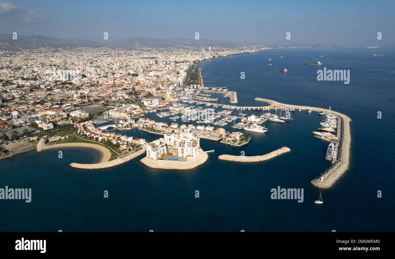 Aerial drone photo of yacht and fishing marina. Drone view from above. Limassol harbour, Cyprus, Europe Stock Photo