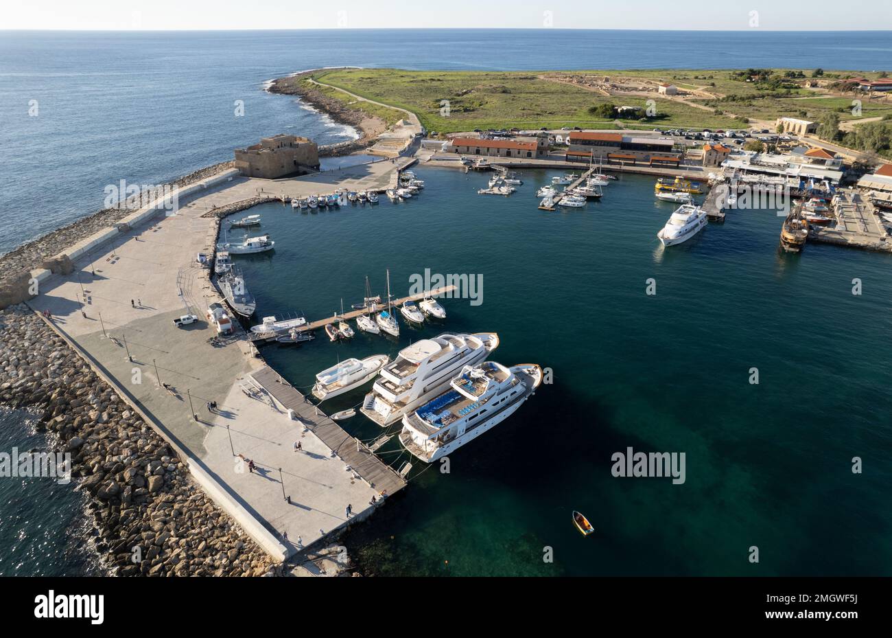 Aerial drone scenery yacht and fishing marina. Drone view from above. Paphos harbour, Cyprus, Europe Stock Photo