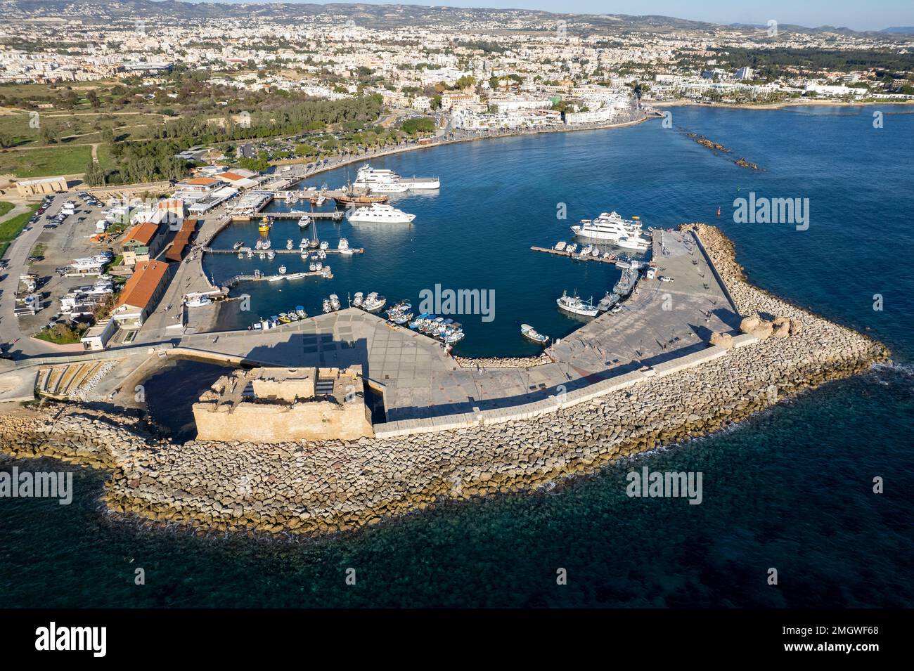 Aerial drone scenery yacht and fishing marina. Drone view from above. Paphos harbour, Cyprus, Europe Stock Photo