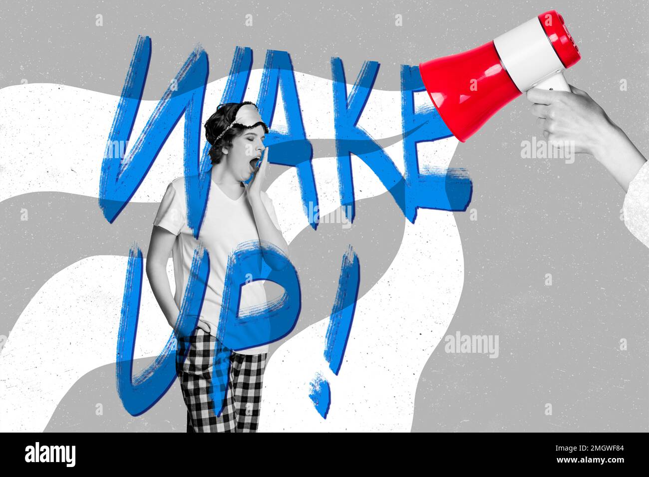 Creative poster collage of yawning funny funky young woman wake up