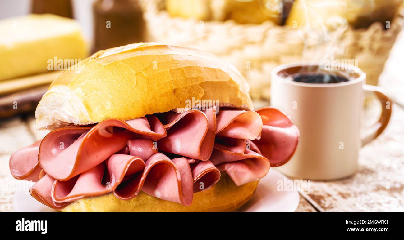 Traditional mortadella sandwich, pork served in bakeries in Brazil with