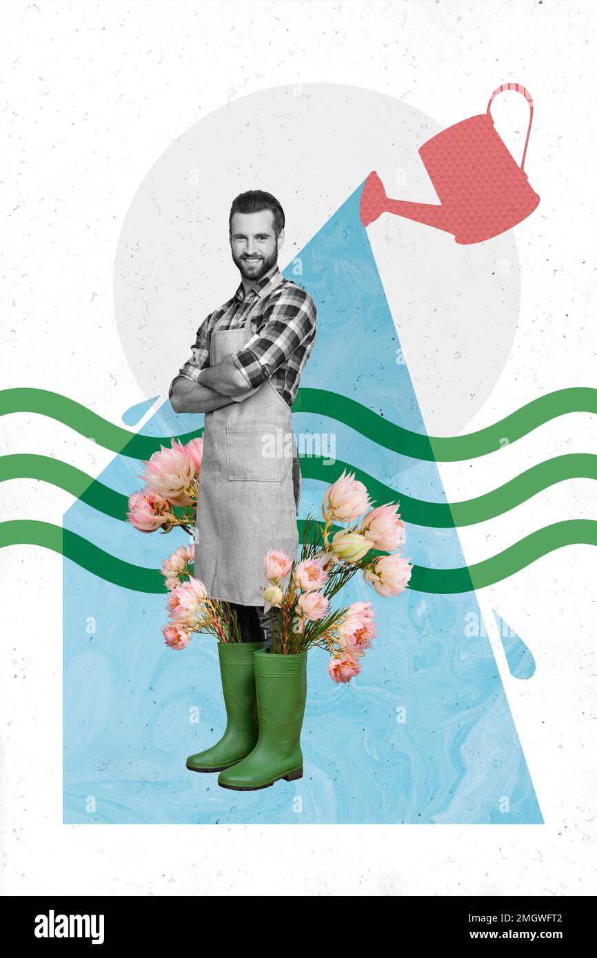 Creative trend collage of young gardener rubber boots flowers blooming blossoming watering can folded arms photorealism vintage weird freak Stock Photo