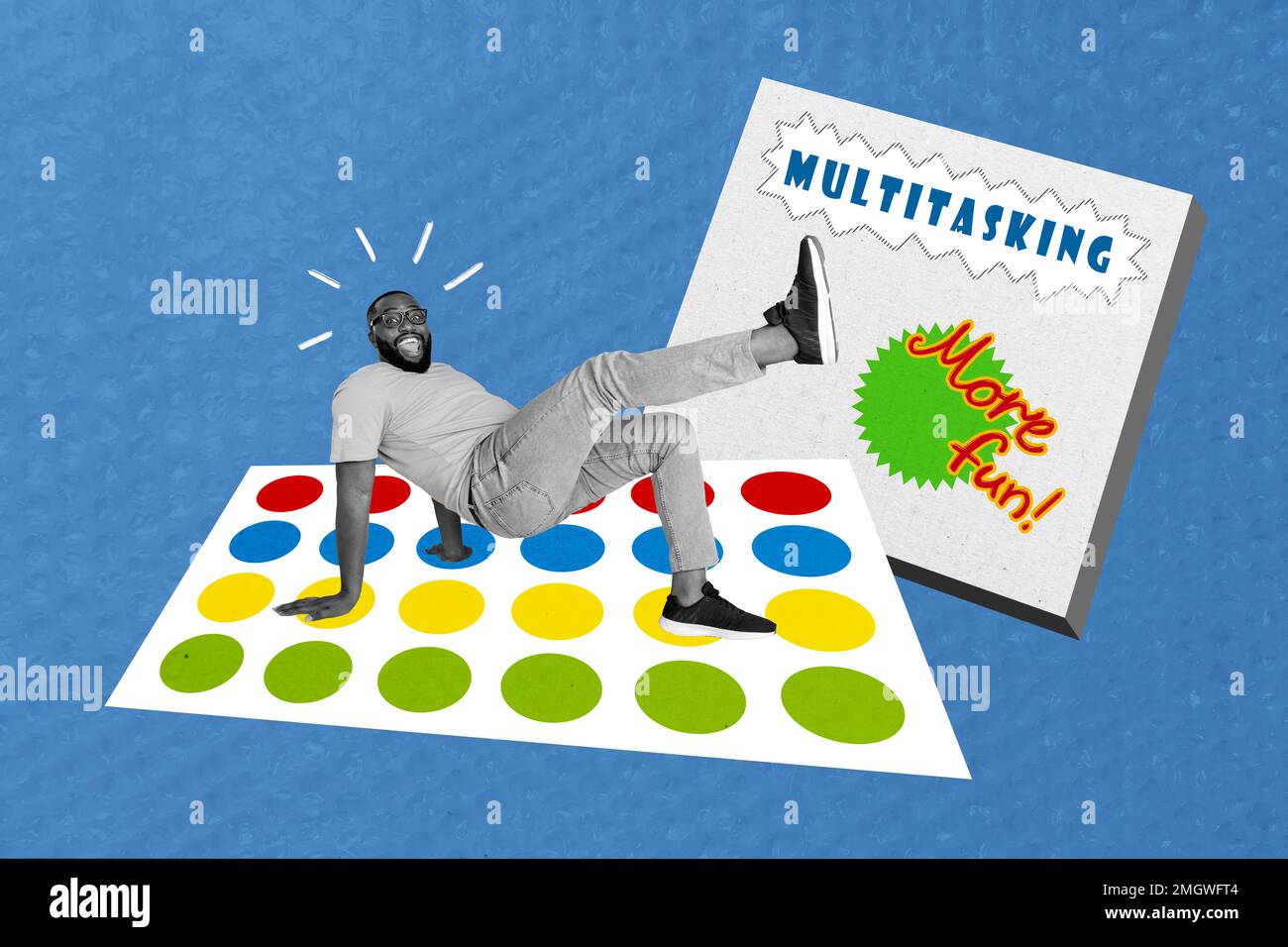 Composite collage image of young funny man playing twister game multitasking have fun businessman worker entrepreneur freelancer Stock Photo