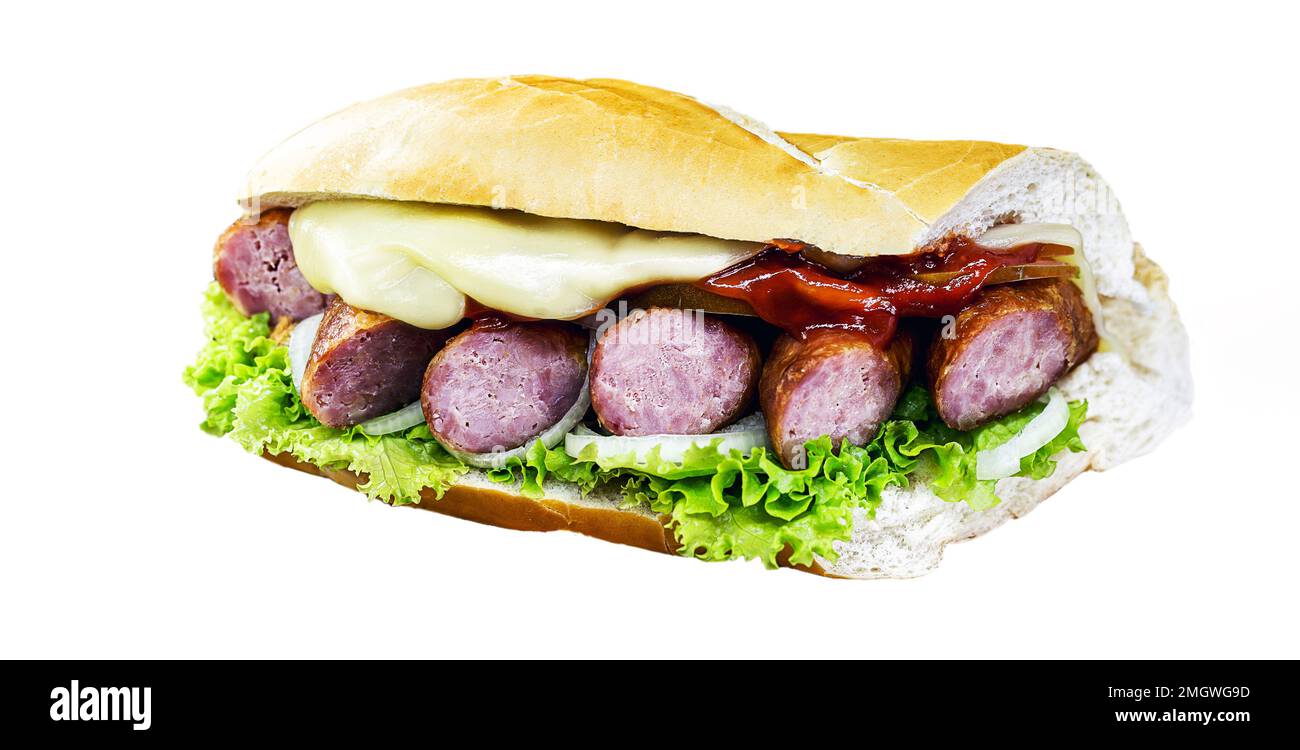 bread snack with smoked sausage, melted cheese and seasoned vegetables ...