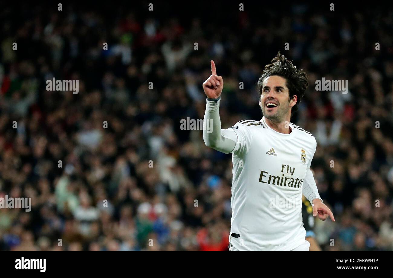 Real Madrid's Isco celebrates after scoring his side's opening goal ...