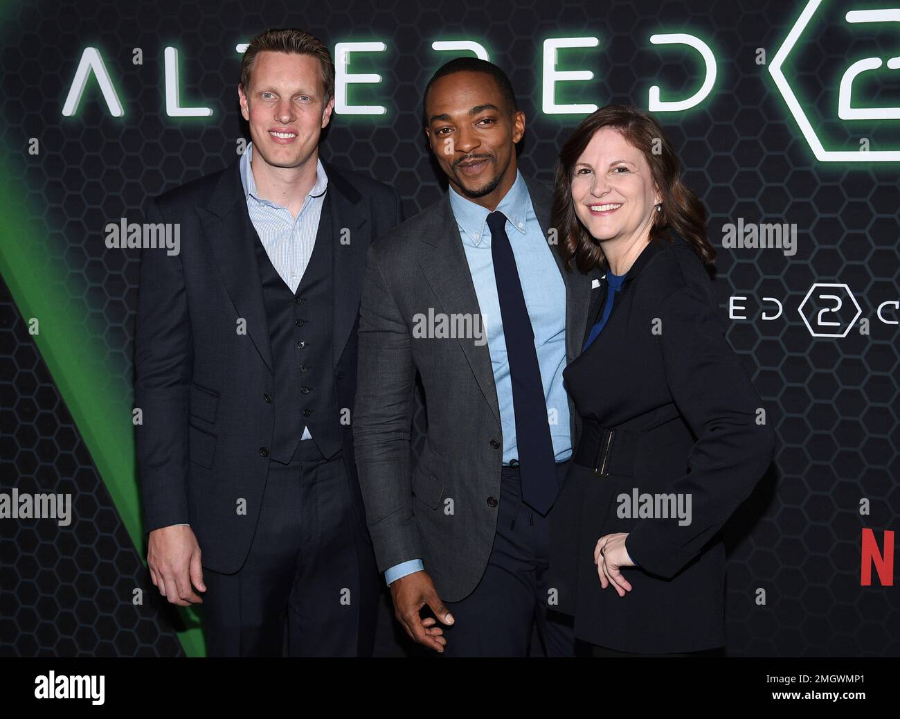 Skydance Media CEO David Ellison, left, actor Anthony Mackie and