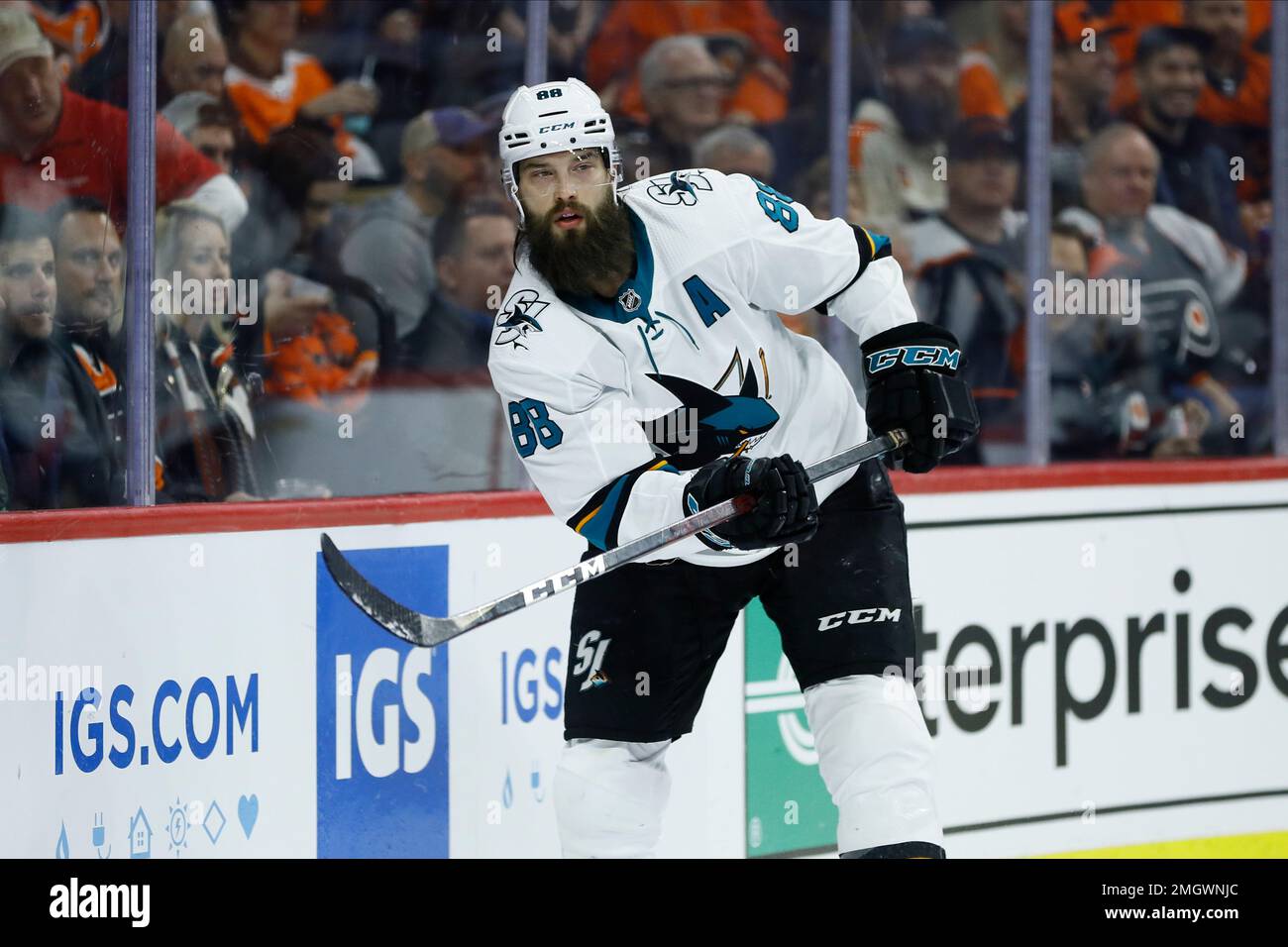 San Jose Sharks' Brent Burns plays during an NHL hockey game against the  Philadelphia Flyers, Tuesday, Feb. 25, 2020, in Philadelphia. (AP  Photo/Matt Slocum Stock Photo - Alamy