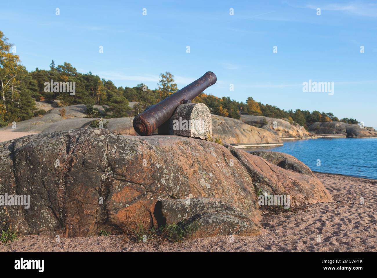 View of Hanko town coast, Hango, Finland, with beach and coastal