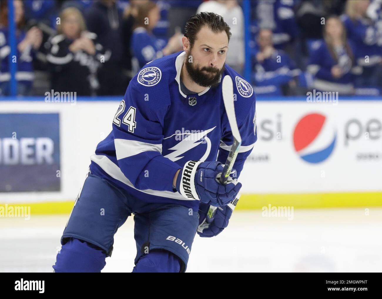 Tampa Bay Lightning defenseman Zach Bogosian (24) before an NHL hockey