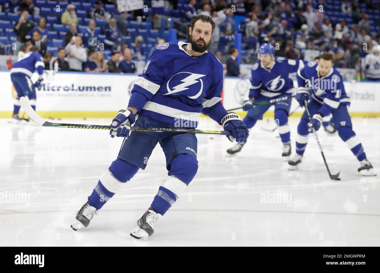 Tampa Bay Lightning defenseman Zach Bogosian (24) before an NHL hockey game against the Toronto Maple Leafs Tuesday, Feb. 25, 2020, in Tampa, Fla. (AP Photo/Chris O'Meara) Stock Photo