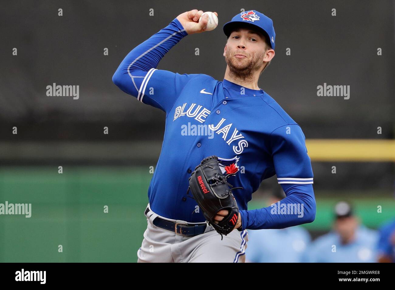Toronto Blue Jays starting pitcher T.J. Zeuch warms up during the