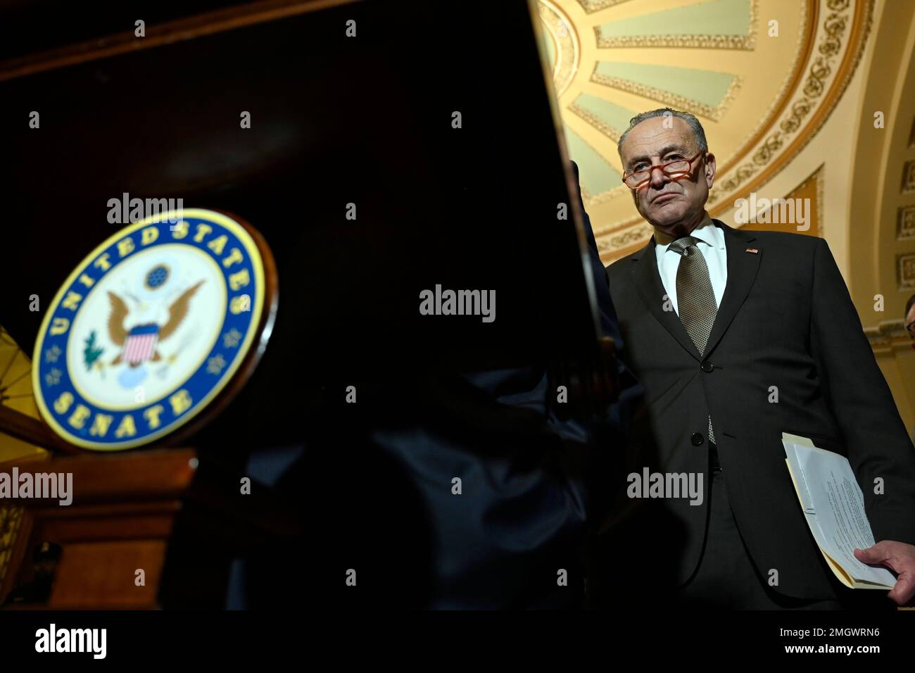 Senate Minority Leader Sen. Chuck Schumer of N.Y., listens during a