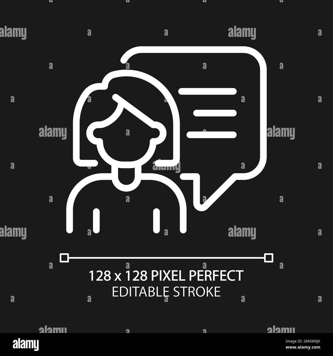 Talking woman with speech bubble pixel perfect white linear icon for ...
