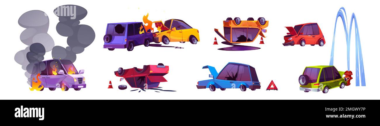 Car accidents, traffic crash on road. Vehicles collision, broken and flipped on roof automobiles, damaged auto with fire and smoke, vector cartoon set isolated on white background Stock Vector