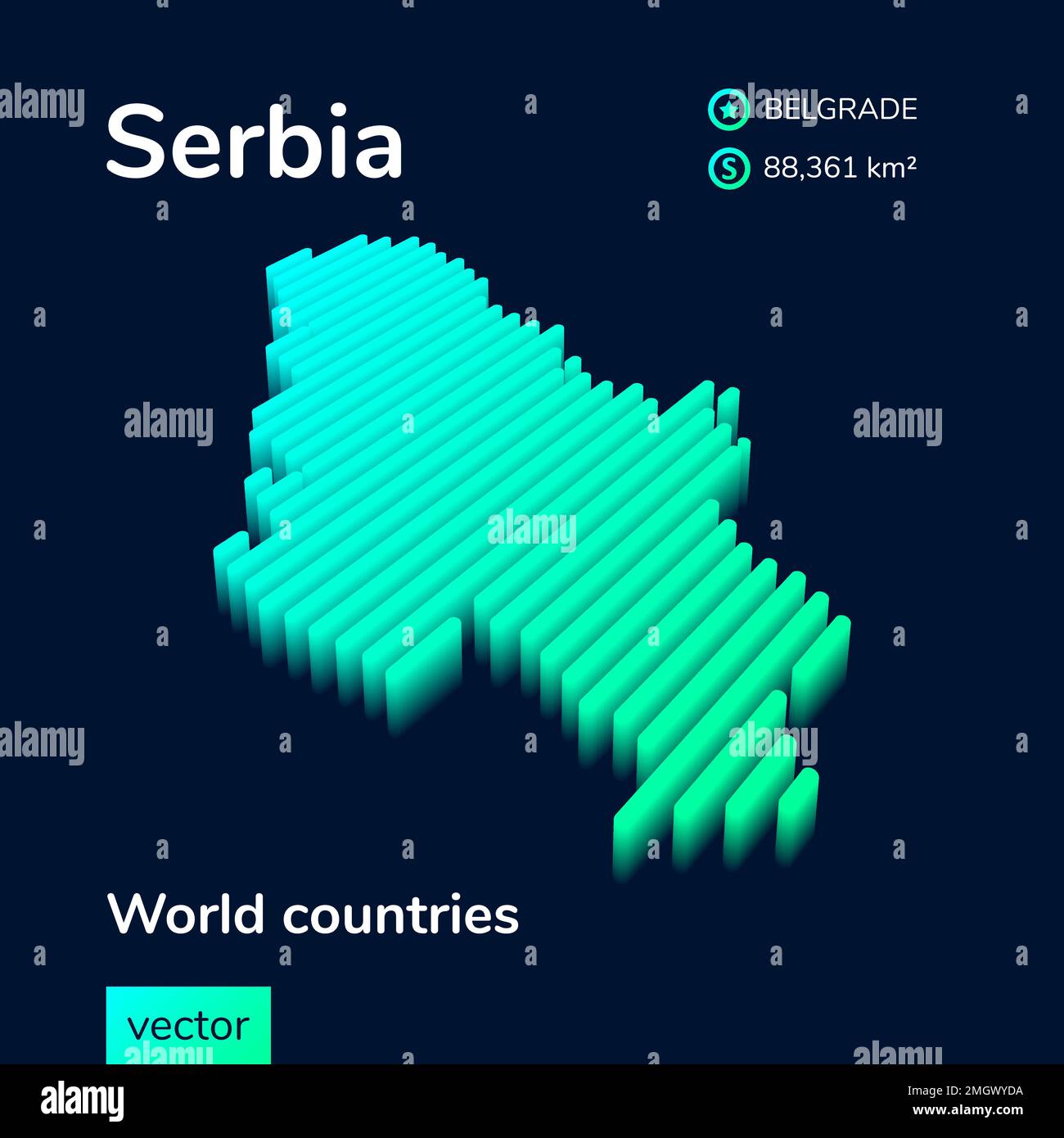 Stylized striped neon isometric vector 3D map of Serbia is in green colors on dark blue background Stock Vector