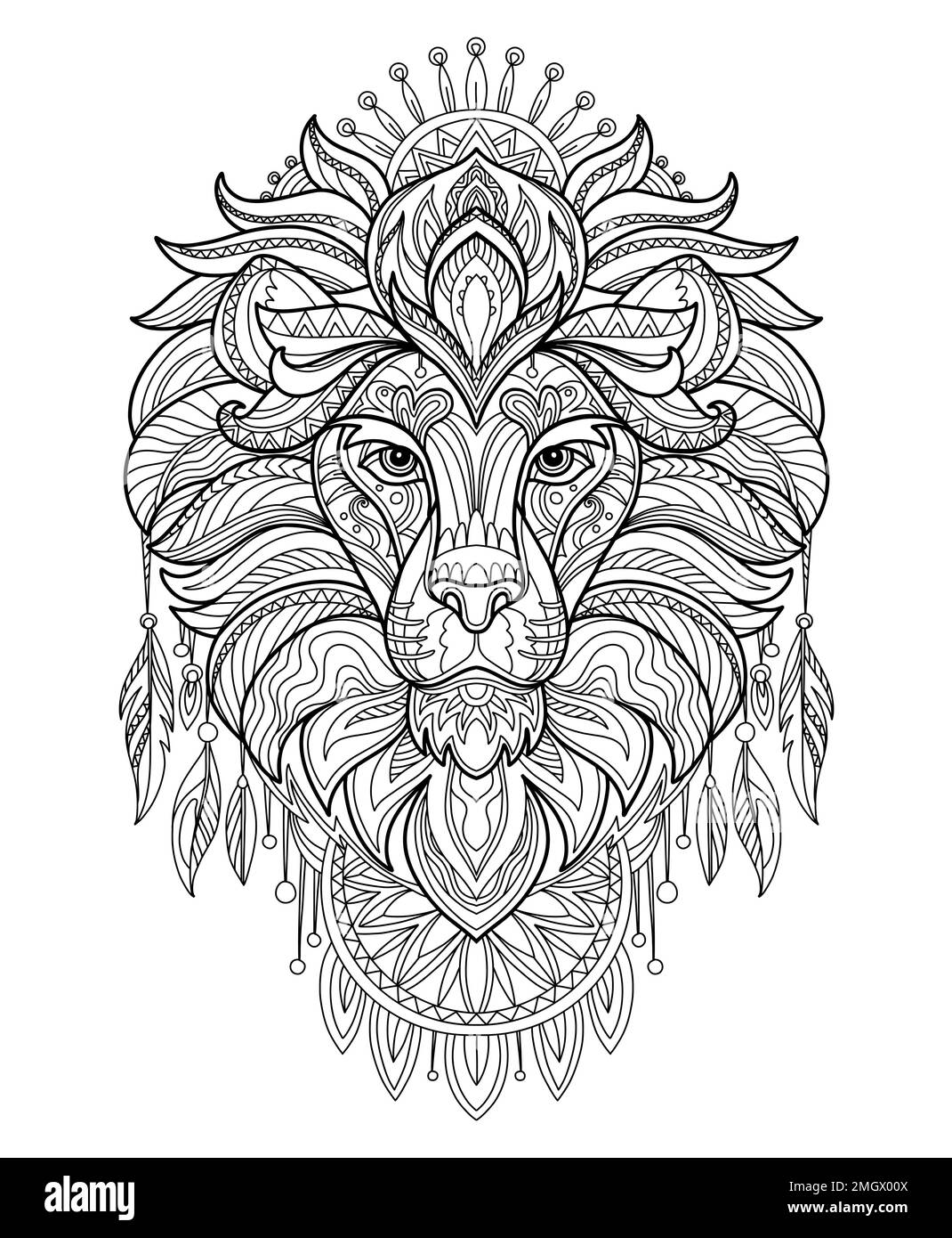 Stylized head of lion close up. Hand drawn sketch black contour vector illustration. For adult antistress coloring page, print, design, decor, T-shirt Stock Vector