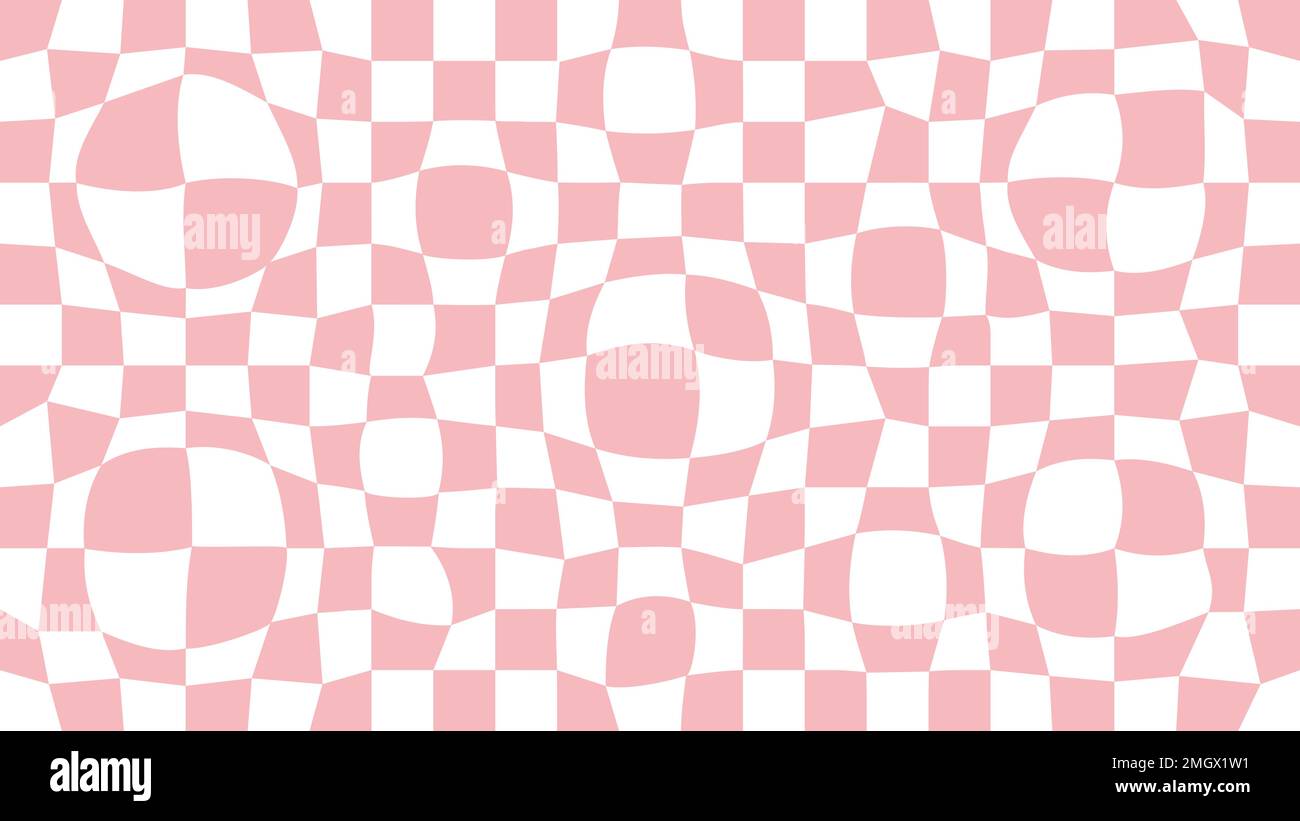 Trippy grid retro distorted chessboard background. Vintage groovy pink abstract geometric pattern for textile. Vector hippie 70s 80s style Stock Vector