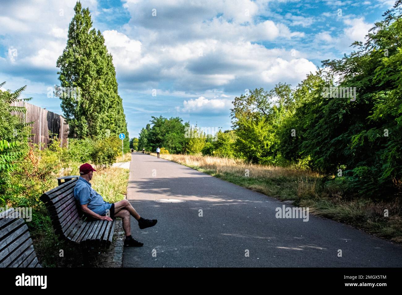 Cycle path on Route of former Berlin Wall site, Baumschulenweg, Treptow-Köpenick, Berlin Stock Photo