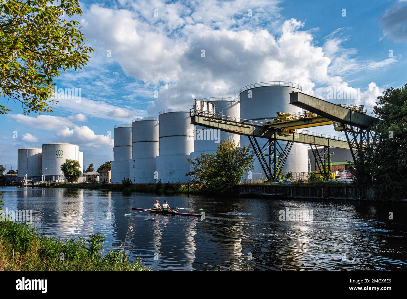 View from Johannisthal of Unitank Oil & diesel storage tanks & Facility on banks of Teltow Canal, Rudow Berlin Stock Photo