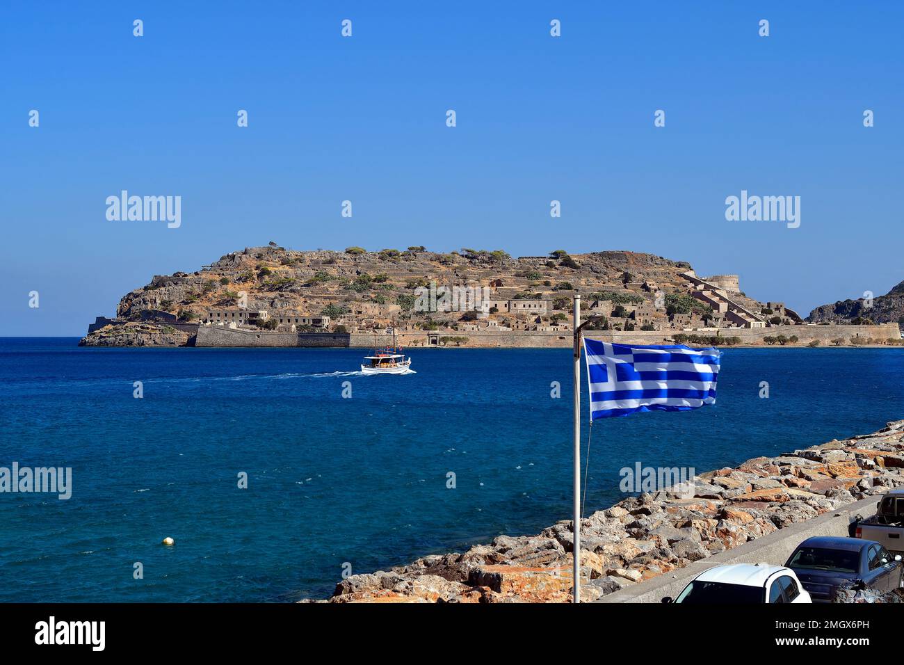Greece, Crete, buildings built of stone in old Venetian Fortress Spinalonga, until 1957 used as a leper station, now a popular tourist destination Stock Photo