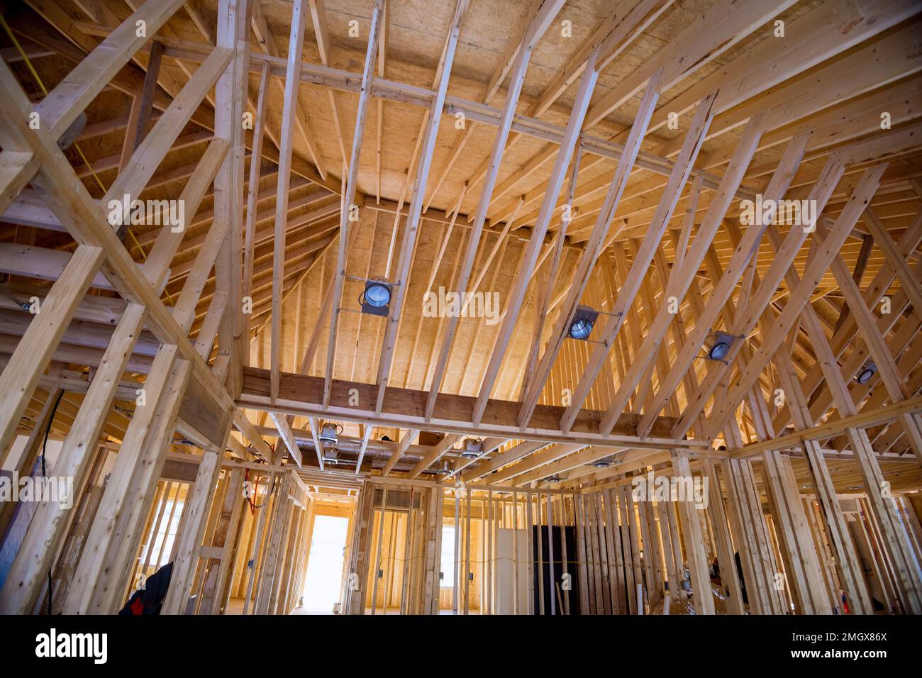 Frame system for new house under construction, structure truss beams frames system newly built framing Stock Photo