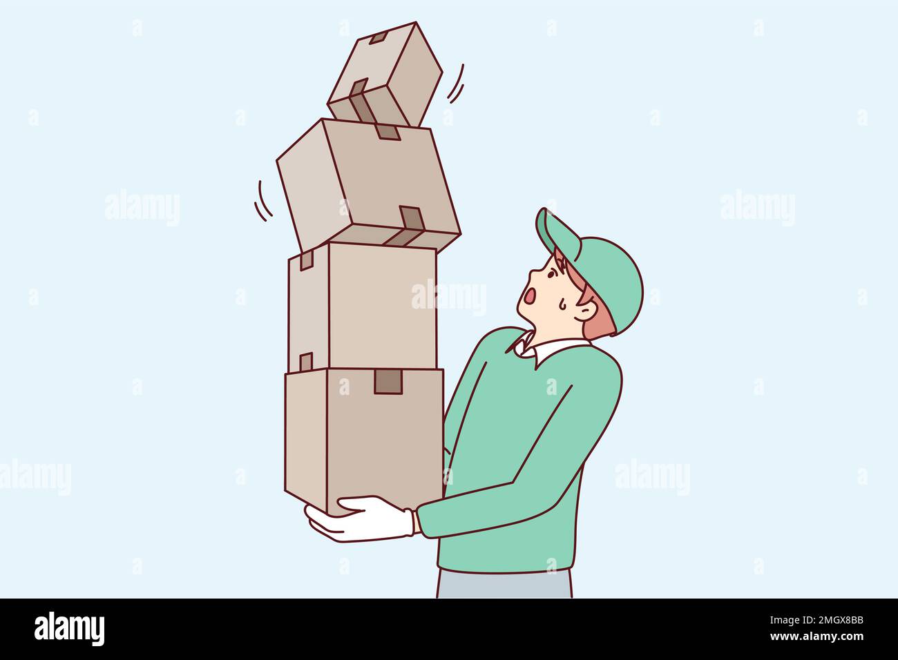 Man courier holds several boxes as he looks frightened at falling package. Sloppy delivery guy drops orders during loading or transportation, risking damage to goods. Flat vector illustration Stock Vector