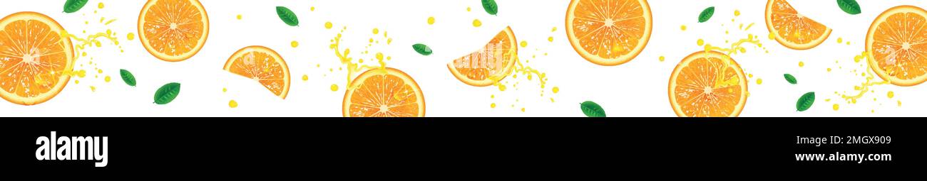 horizontal banner with juicy orange slices on white background Stock Vector