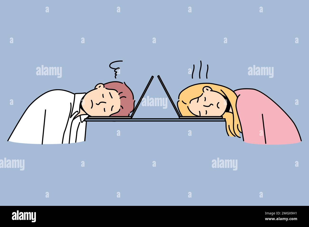 Tired couple sit at table fall asleep during computer work. Exhausted man and woman suffer from fatigue nap at laptop in office. Vector illustration.  Stock Vector