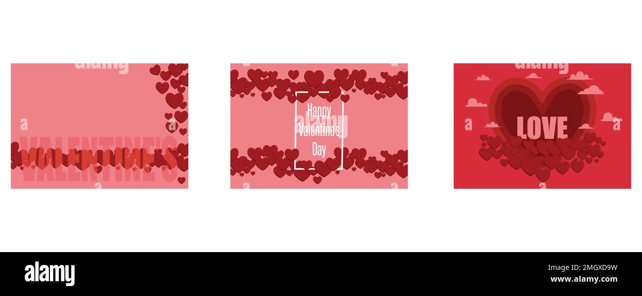 Illustration many hearts, Valentines Day background with realistic hearts, love and valentine's Day with couple sitting on word LOVE in the field, set Stock Vector