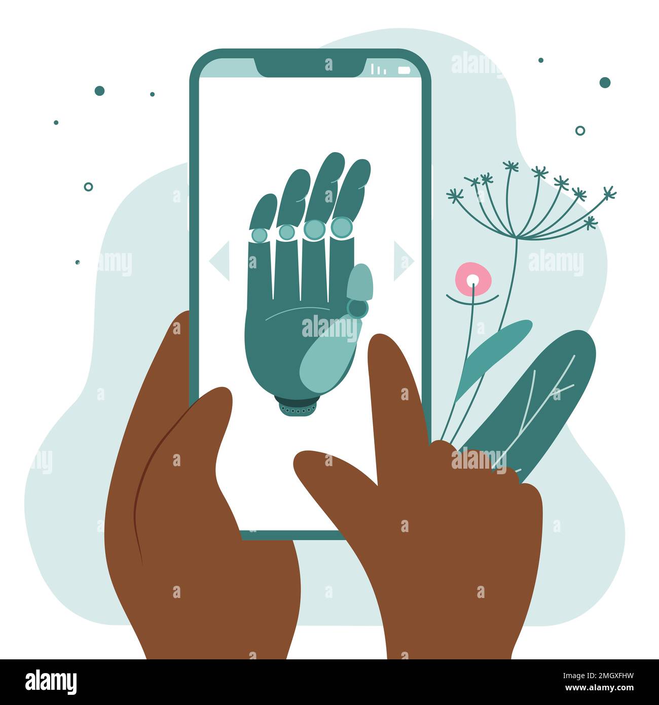 Vector illustration with hand keep phone and choose bionic hand ...