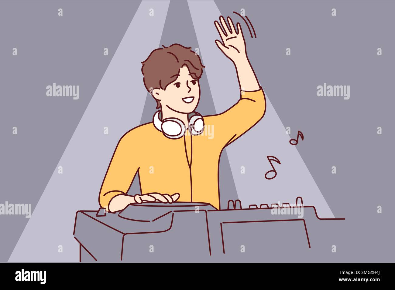 Male DJ waving to greet club goers and cheer up dancing people. Guy with headphones around neck stands behind mixing console while controlling music at party. Flat vector illustration Stock Vector