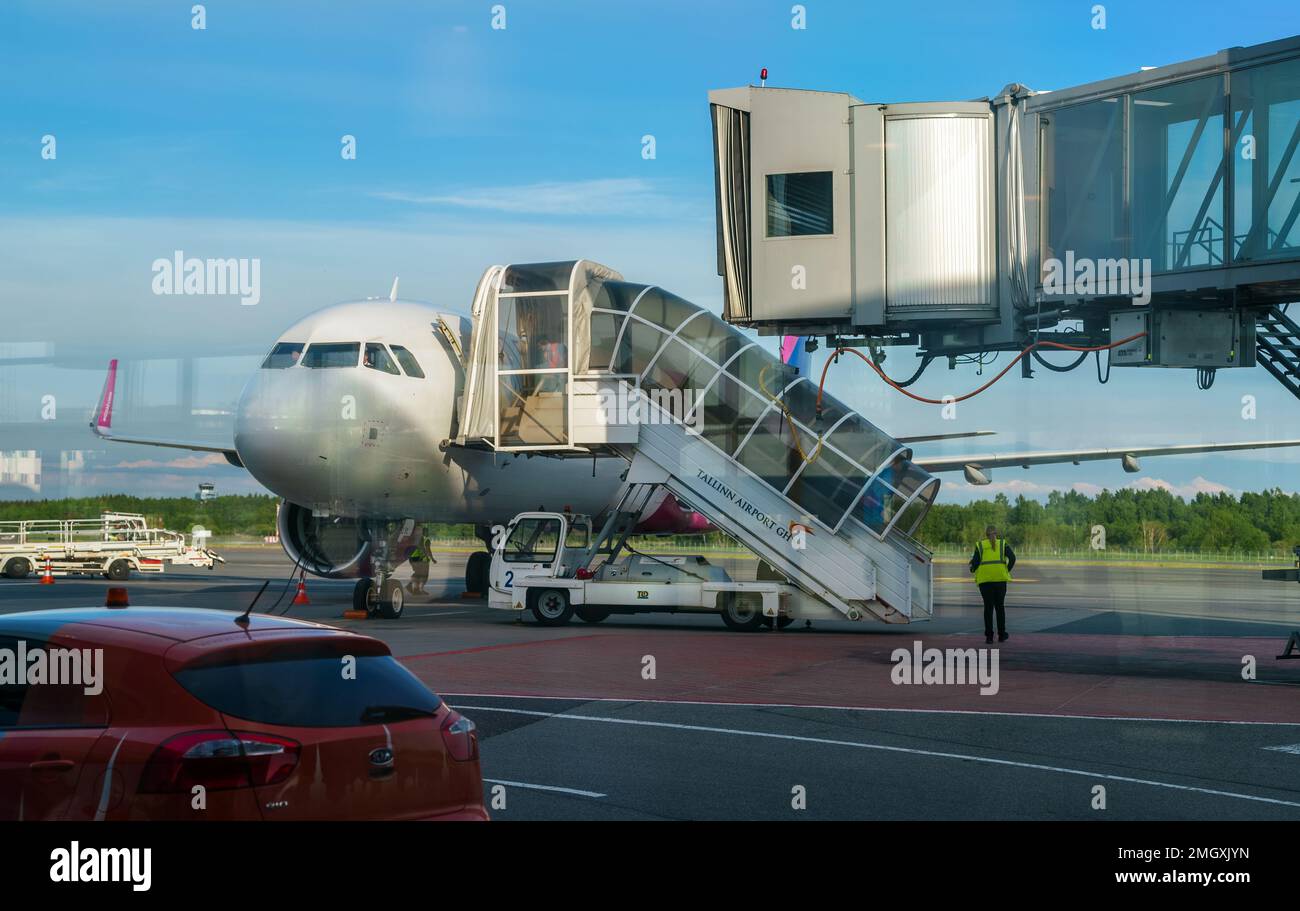 Tallinn, Estonia - 10.06.2022: Wizz air airline company plane in Lennart Meri Airport. Stock Photo