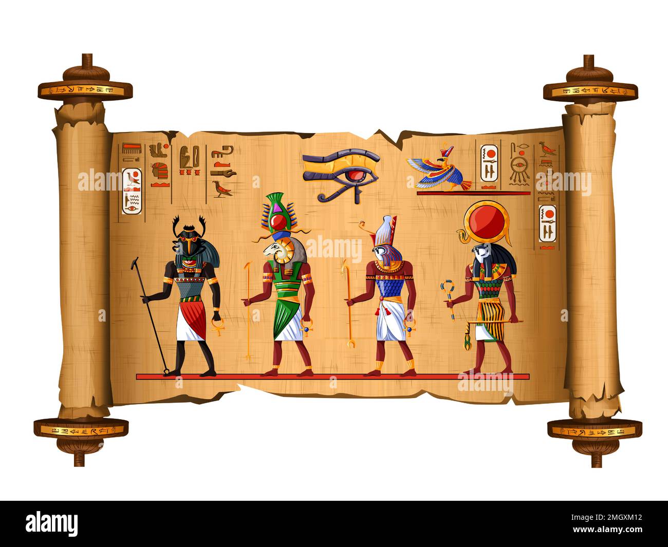 Ancient Egypt papyrus scroll cartoon vector with hieroglyphs and Egyptian culture religious symbols, Ra and Horus, falcons, sun gods, Khepri scarab, rising god and Khnum ram, keeper of Nile source. Stock Vector