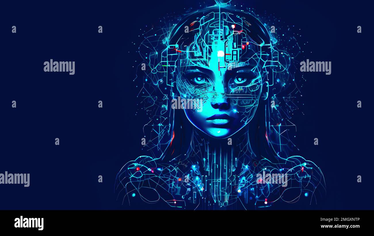 Neon blue female cyborg robot as Artificial Intelligence concept with copy space - Generative AI illustration Stock Photo