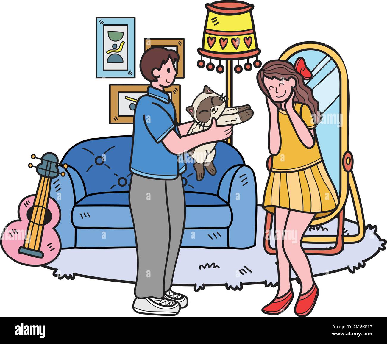 Hand Drawn Man gives a cat as a gift to a woman illustration in doodle