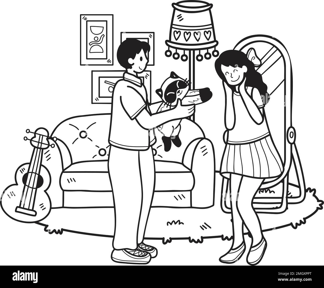 Hand Drawn Man gives a cat as a gift to a woman illustration in doodle