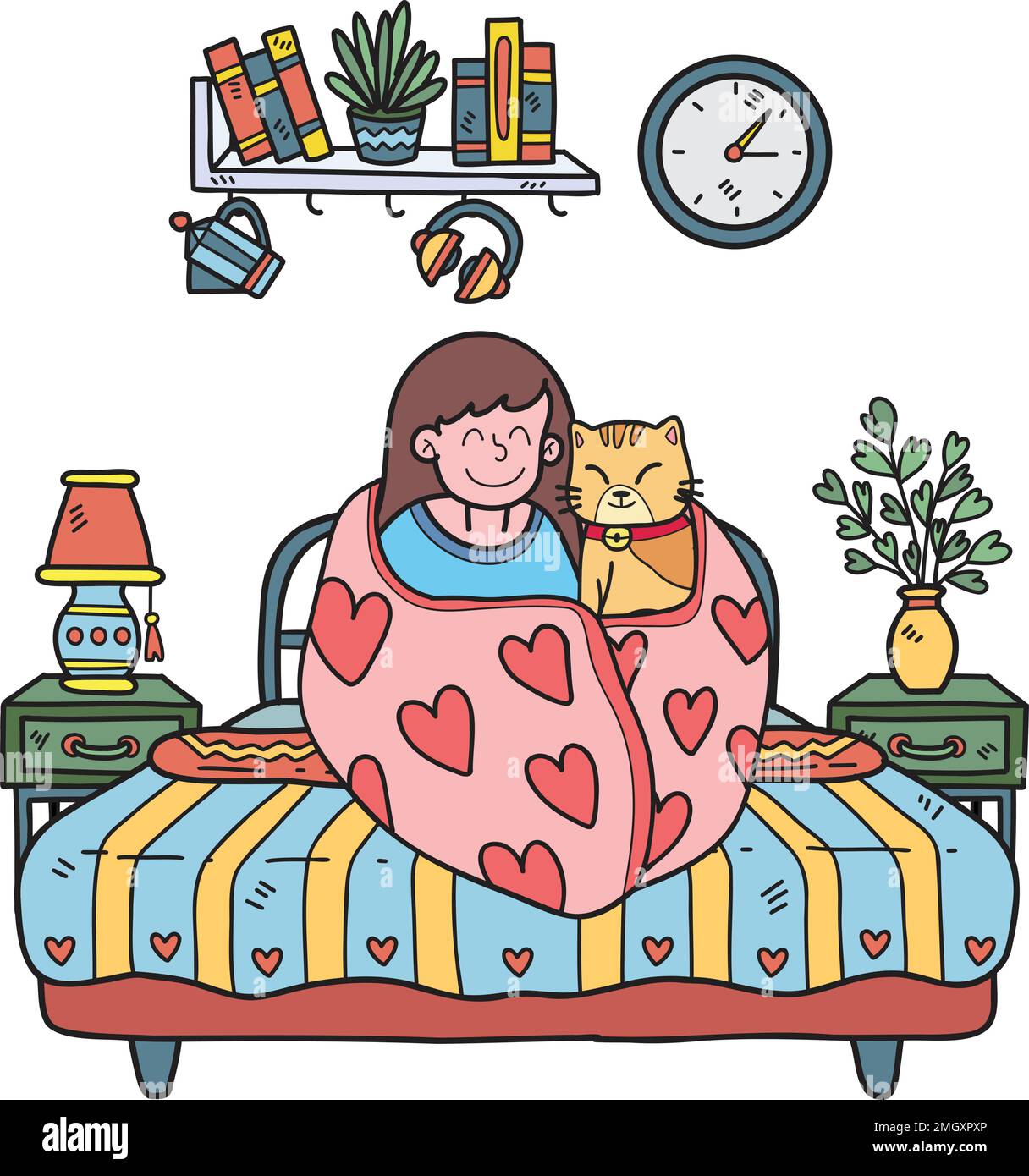 Hand Drawn The owner sits hugging the cat in the blanket in the bedroom