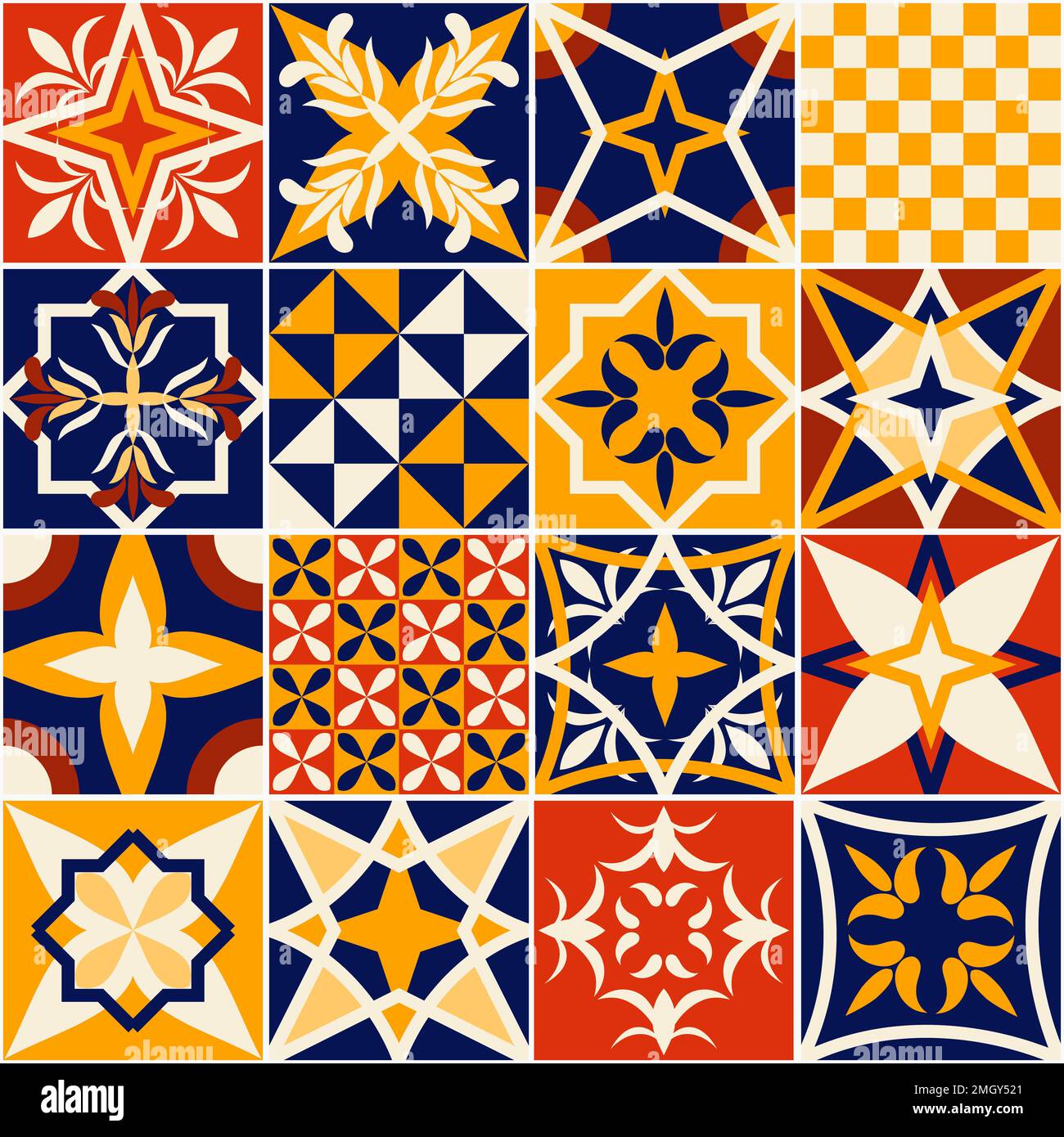 Talavera style colorful tiles design. Mexican or Spanish ceramic tile set with various ornaments. Seamless pattern. Stock Vector